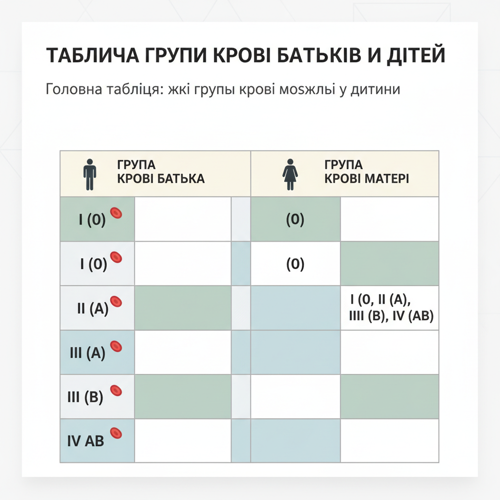Головна таблиця: які групи крові можливі у дитини — иллюстрация к статье «таблиця групи крові батьків і дітей»
